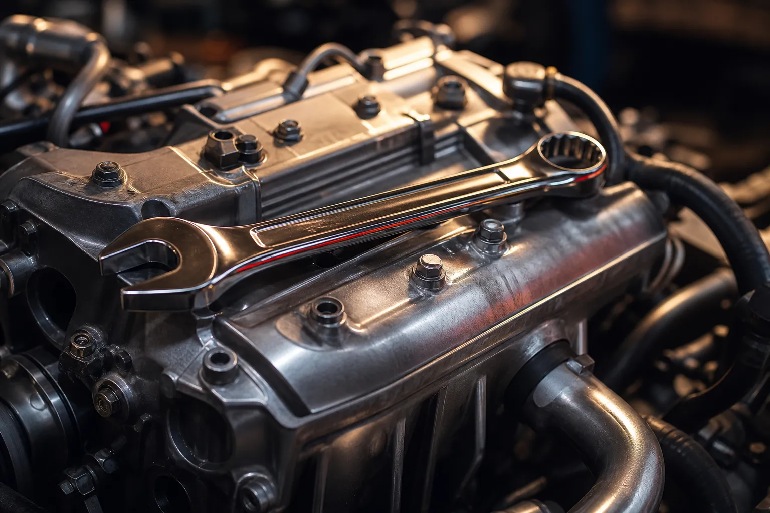 Schraubenschlüssel auf einem glänzenden Motorblock
