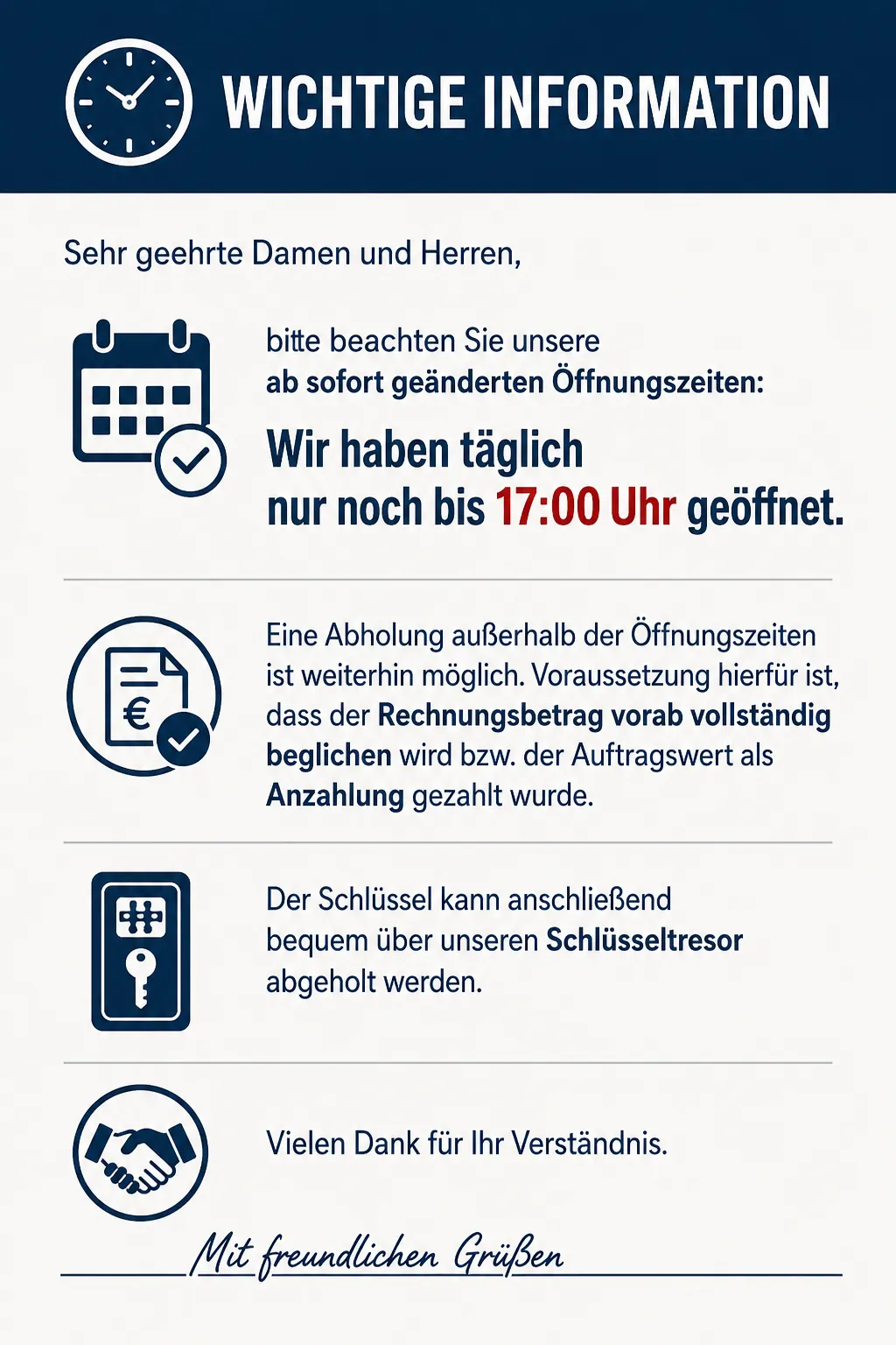 Wichtige Information – Aushang zu geänderten Öffnungszeiten, Abholung außerhalb der Öffnungszeiten und Schlüsseltresor